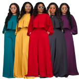 EVE Plus Size Solid Color Lantern Sleeve Tops Two Piece Pants Set NNWF-8153