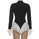 EVE Deep V Neck Long Sleeve Lace Patchwork Romper XEF-K25K86130