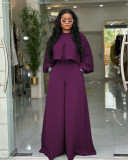 EVE Plus Size Solid Color Lantern Sleeve Tops Two Piece Pants Set NNWF-8153