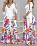 EVE V Neck Off Shoulder Print Maxi Dress GJMF-97762