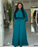 EVE Plus Size Solid Color Lantern Sleeve Tops Two Piece Pants Set NNWF-8153