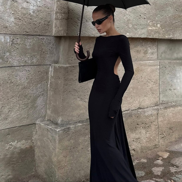 EVE Sexy Backless Chain Long Sleeve Maxi Dress XEF-K25D86126