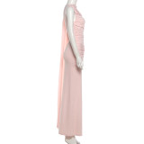 EVE Solid Color Ribbon Ruched Long Dress XEF-K25D87615