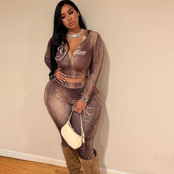 EVE Letter Print Print Zipper Tight Two Piece Pants Set XEF-K25S86708