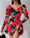 EVE Print Long Sleeve V Neck Mini Dress GJMF-97778