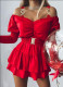 EVE Solid Color Off Shoulder Puff Sleeve Mini Dress(With Belt) GJMF-97775