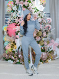 EVE Solid Color Hooded Sweatshirt Sport Two Piece Pants Set CM-9543