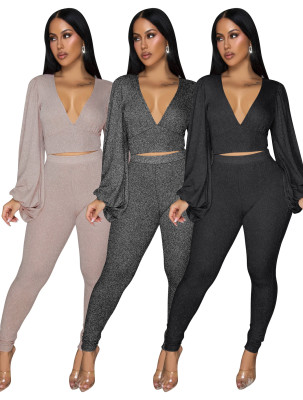 EVE V Neck Backless Lantern Sleeve Tops Tight Pants Suit FENF-6055