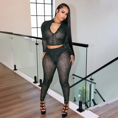 EVE Print Long Sleeve Zipper Tops Tight Two Piece Pants Set GDSF-D25ST495