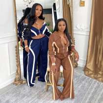 EVE Contrast Color Zipper Tops Two Piece Pants Set MXBF-D25ST390