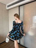 EVE Long Sleeve V Neck Print Ruffles Mini Dress GJMF-97809