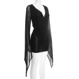 EVE Long Sleeve V Neck Mesh Bodysuit+Skirt 2 Piece Set GDSF-J25ST422