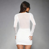 EVE Mesh Patchwork Pleated Long Sleeve Mini Dress GDSF-D25DS524