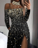 EVE Mesh Patchwork Print Long Sleeve Split Maxi Dress GJMF-97759