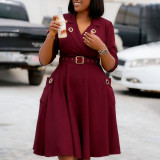 EVE Plus Size Solid Color Long Sleeve Midi Dress GCZF-8647