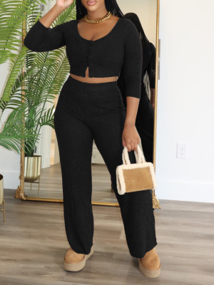 EVE Solid Color Long Sleeve Tops Pants 2 Piece Set ZDF-31385