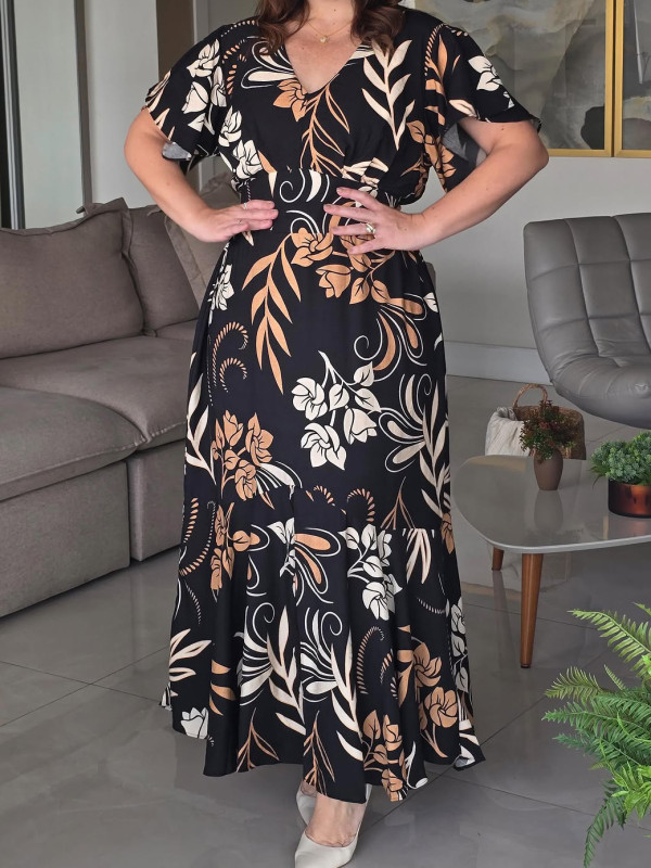 EVE Print Ruffles Sleeve V Neck Midi Dress GYLY-10913