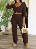 EVE Solid Color Long Sleeve Tops Pants 2 Piece Set ZDF-31385