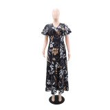 EVE Print Ruffles Sleeve V Neck Midi Dress GYLY-10913