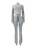 EVE Stripe Patchwork Zipper Two Piece Pants Set CH-25067
