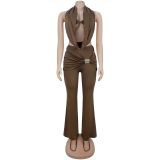 EVE Solid Color Backless Two Piece Pants Set BY-7589