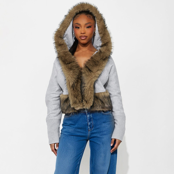 EVE Patchwork Furzzy Neck Hooded Cardigan GDSF-J25TP395
