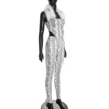 EVE Snake Print Furzzy Neck Bodysuit Tight Two Piece Pants Set GDSF-J25ST411