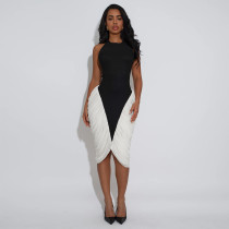 EVE Backless Pleated Contrast Color Midi  Dress BY-7583