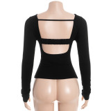 EVE Long Sleeve Solid Color Backless Tops GAXB-D501TP