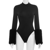 EVE Furrzy Patchwork Sleeve Solid Color Bodysuit GDSF-J25BS341
