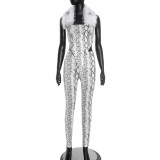 EVE Snake Print Furzzy Neck Bodysuit Tight Two Piece Pants Set GDSF-J25ST411