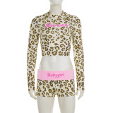 EVE Leopard Letter Print Long Sleeve Tops Two Piece Shorts Set GPKJ-MJS45786