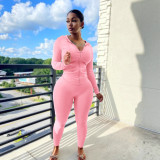 EVE Solid Color Zipper Hoodies Two Piece Pants Set OMY-11061