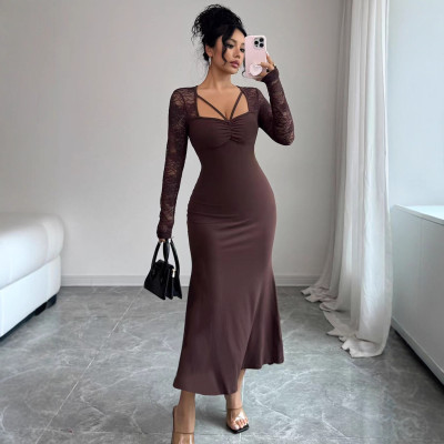 EVE Patchwork Lace Long Sleeve Ruched Long Dress GZJF-10193