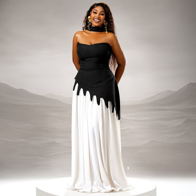 EVE Contrast Color Patchwork Wrap Chest Maxi Dress GJYO-JD302968