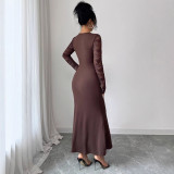 EVE Patchwork Lace Long Sleeve Ruched Long Dress GZJF-10193