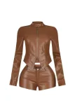 EVE Retro Zipper Short Sleeve Two Piece Shorts Set XMCS-1007