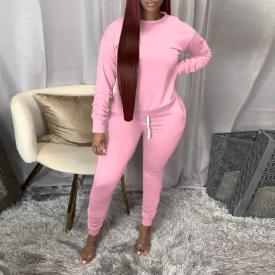 EVE Solid Color O Neck Tops Sports 2 Piece Pants Set OMY-11058