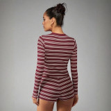 EVE Stripe Patchwork Long Sleeve Two Piece Shorts Set MDF-5537