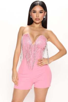 EVE Rhinestone Deep V-Neck Tassel  Wrap Romper GYOM-8855