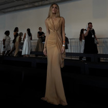 EVE Ruched Deep V Neck Backless Maxi Dress GSLF-K25D85170