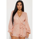 EVE Long Sleeve Sequin Solid Color Belt Romper GYOM-8930