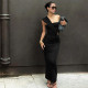 EVE Slash Shoulder Ruched Patchwork Maxi Dress GSLF-K25D86620