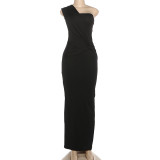 EVE Slash Shoulder Ruched Patchwork Maxi Dress GSLF-K25D86620
