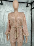 EVE Long Sleeve Sequin Solid Color Belt Romper GYOM-8930
