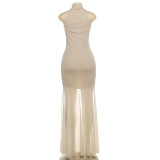 EVE Solid Color Mesh Patchwork Sleeveless Maxi Dress GSLF-K25D86497
