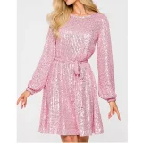 EVE Plus Size Long Sleeve Sequin Tie Up Mini Dress GYOM-8919