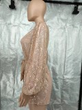 EVE Long Sleeve Sequin Solid Color Belt Romper GYOM-8930