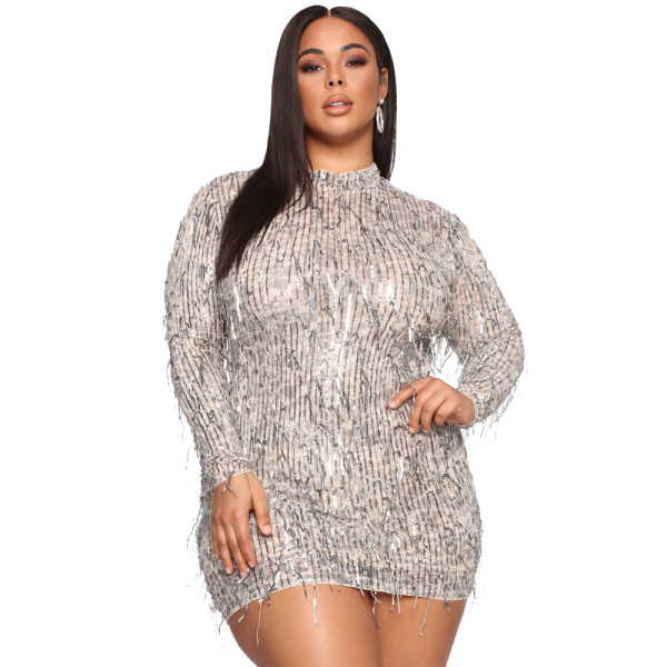 EVE Plus Size Long Sleeve Sequin Tassel Mini Dress GYOM-8878