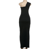 EVE Slash Shoulder Ruched Patchwork Maxi Dress GSLF-K25D86620